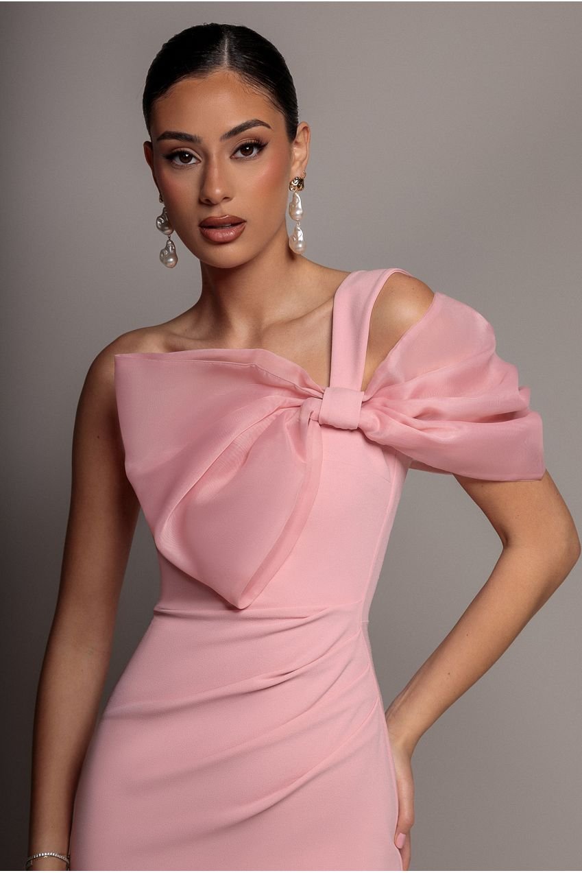 Goddiva Organza Bow One Shoulder Scuba Crepe Maxi Dress – Blush Pink