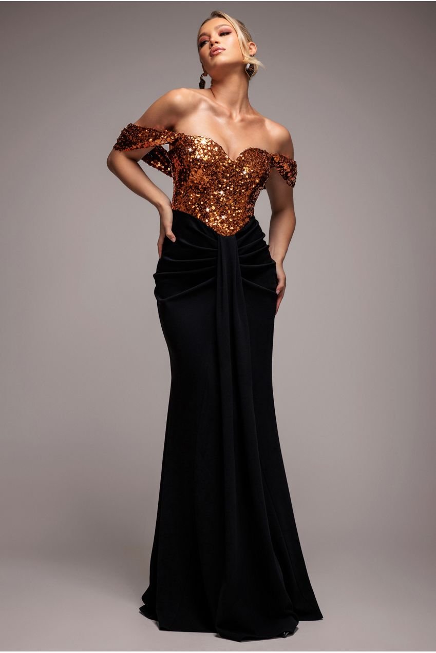 Goddiva Corset Sequin Wing Bodice Scuba Skirt Maxi Dress – Bronze