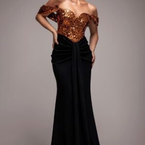 Goddiva Corset Sequin Wing Bodice Scuba Skirt Maxi Dress - Bronze