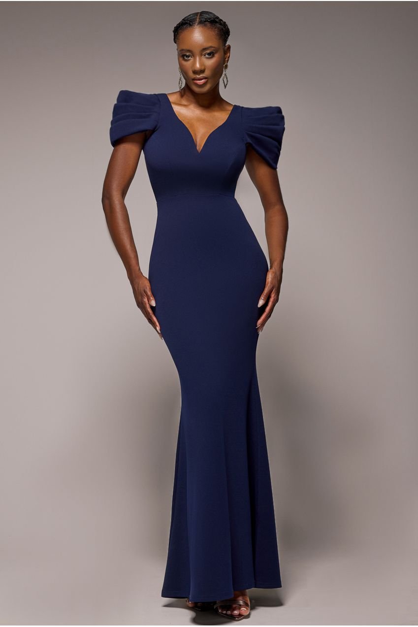 Goddiva Plunging Neck Pleated Sleeves Scuba Maxi Dress – Navy Blue