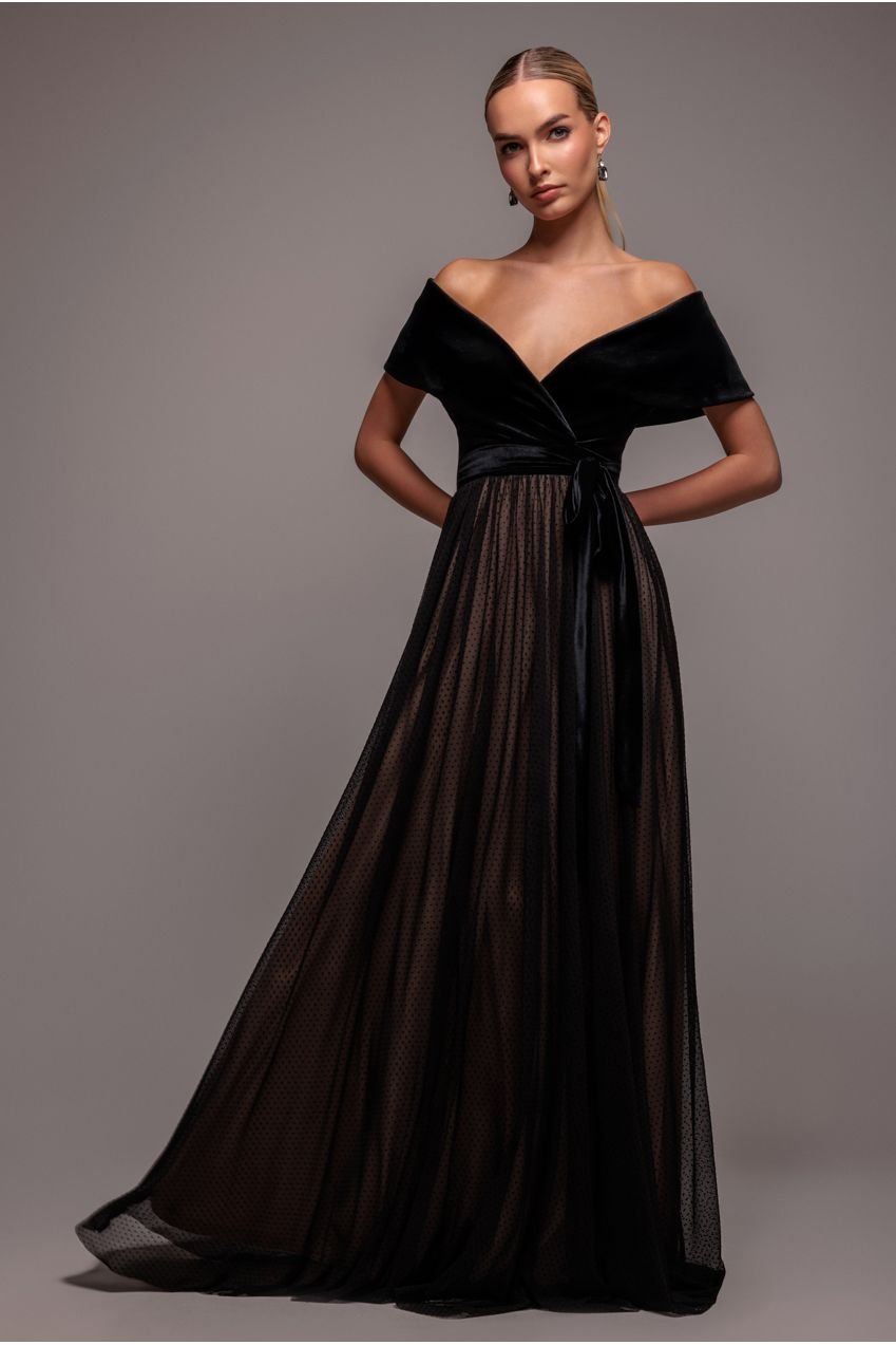 Goddiva Velvet Bardot Dobby Mesh A Line Maxi Dress – Black