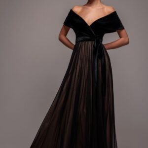 Goddiva Velvet Bardot Dobby Mesh A Line Maxi Dress - Black