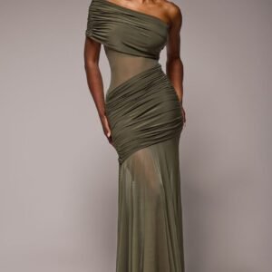 Goddiva Gathered One Shoulder Sheer Panel Maxi Dress - Khaki Green