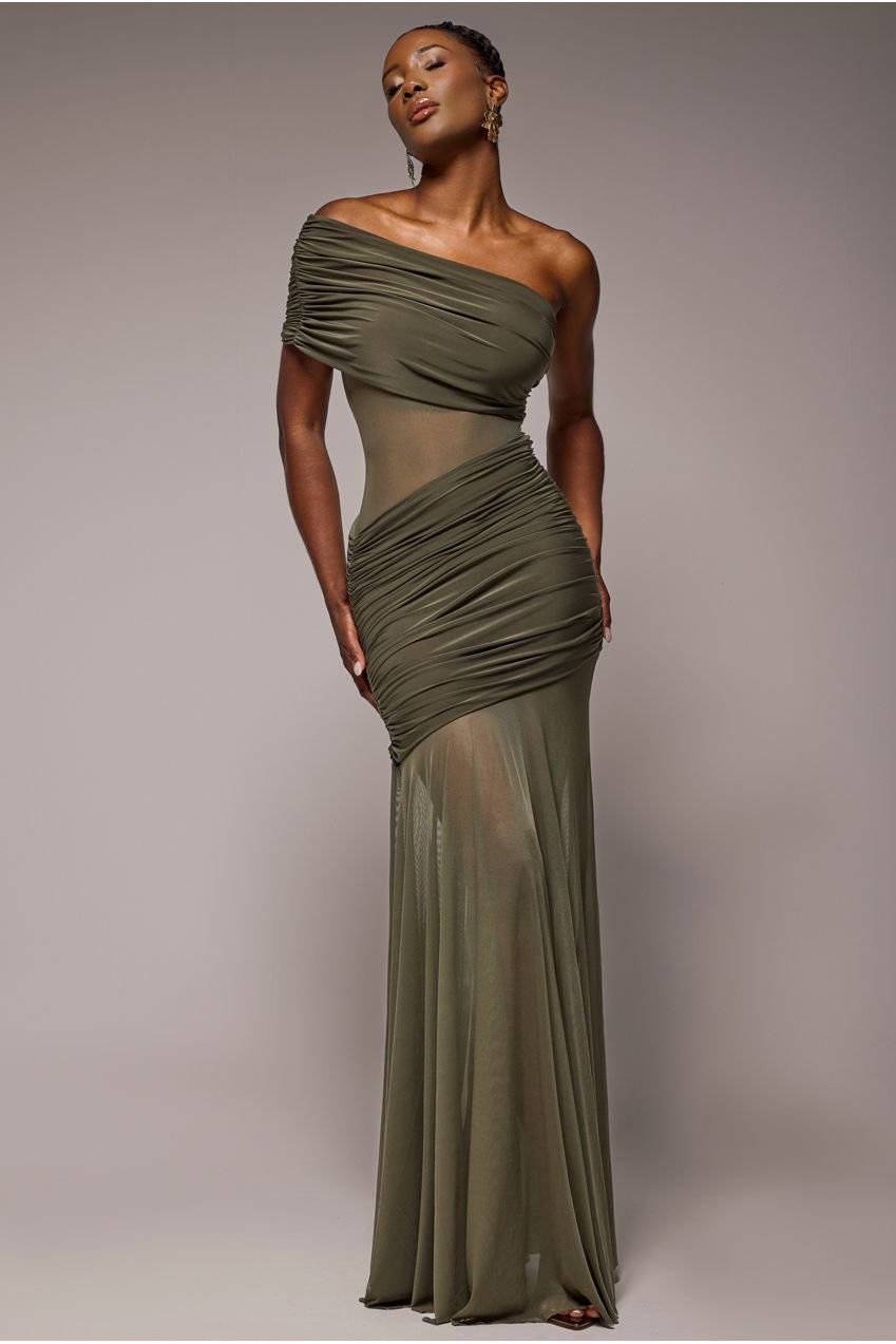 Goddiva Gathered One Shoulder Sheer Panel Maxi Dress – Khaki Green