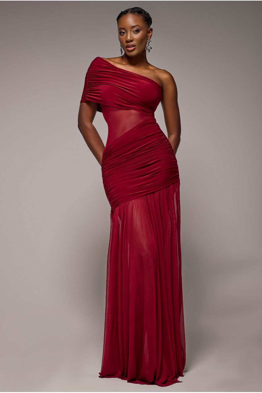 Goddiva Gathered One Shoulder Sheer Panel Maxi Dress – Wine