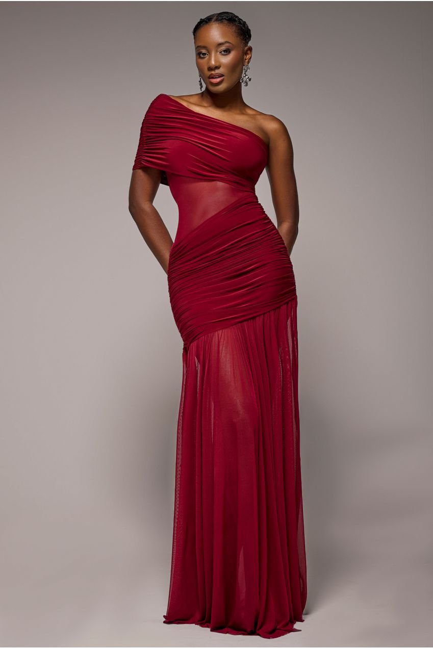Goddiva Gathered One Shoulder Sheer Panel Maxi Dress – Wine