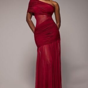 Goddiva Gathered One Shoulder Sheer Panel Maxi Dress - Wine