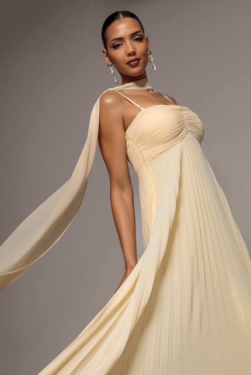Goddiva Sleeveless Pleated Chiffon Multiway Scarf Maxi Dress – Butter Yellow