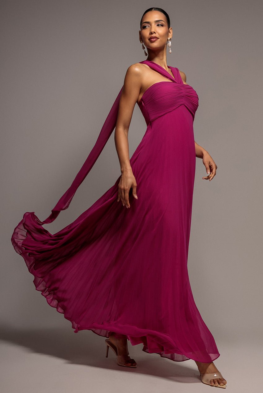 Goddiva Sleeveless Pleated Chiffon Multiway Scarf Maxi Dress – Magenta