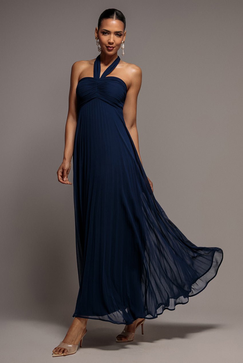 Goddiva Sleeveless Pleated Chiffon Multiway Scarf Maxi Dress – Navy Blue