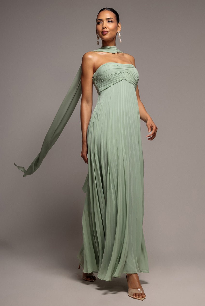 Goddiva Sleeveless Pleated Chiffon Multiway Scarf Maxi Dress – Sage Green