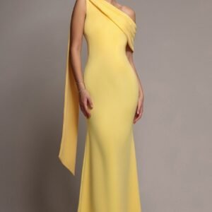 Goddiva Sash One Shoulder Bardot Maxi Dress - Butter Yellow