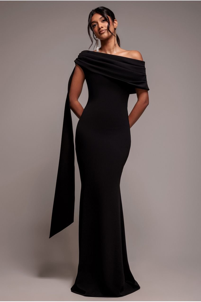 Goddiva Sash One Shoulder Bardot Maxi Dress – Black