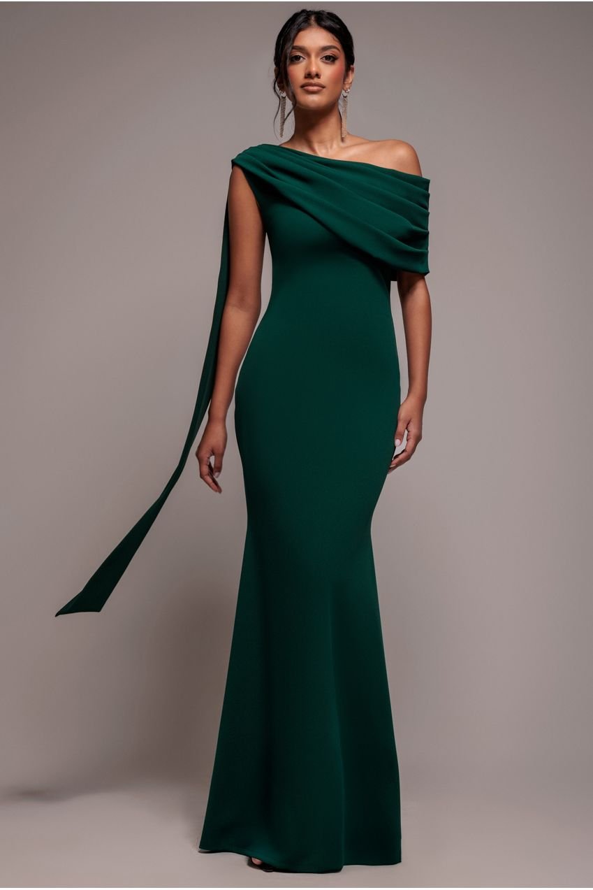 Goddiva Sash One Shoulder Bardot Maxi Dress – Emerald Green