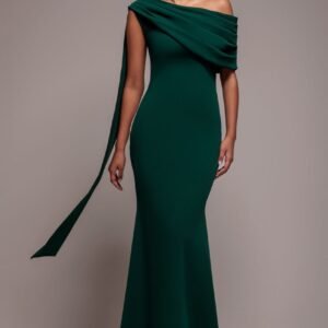 Goddiva Sash One Shoulder Bardot Maxi Dress - Emerald Green
