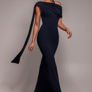 Goddiva Sash One Shoulder Bardot Maxi Dress - Navy Blue