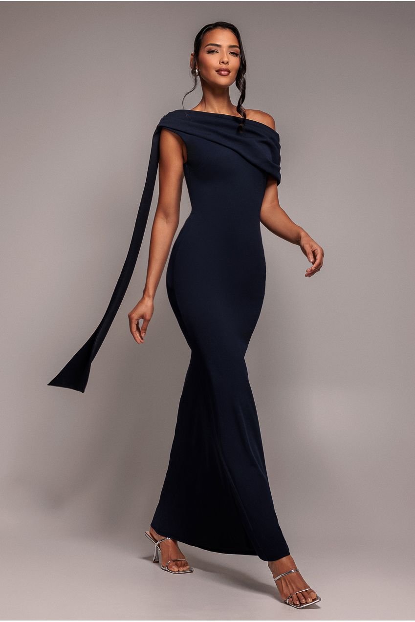 Goddiva Sash One Shoulder Bardot Maxi Dress – Navy Blue