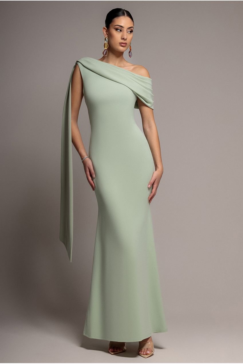 Goddiva Sash One Shoulder Bardot Maxi Dress – Sage Green