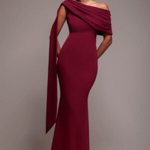 Goddiva Sash One Shoulder Bardot Maxi Dress  - Burgundy
