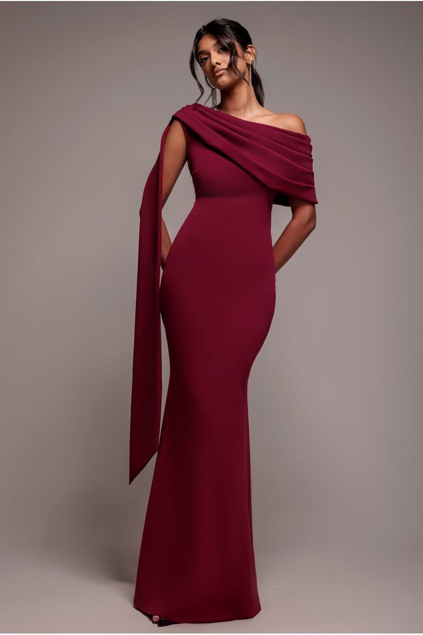 Goddiva Sash One Shoulder Bardot Maxi Dress  – Burgundy