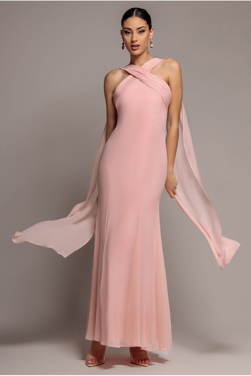 Goddiva Cross Front Scarf Back Chiffon Mermaid Maxi Dress – Blush Pink