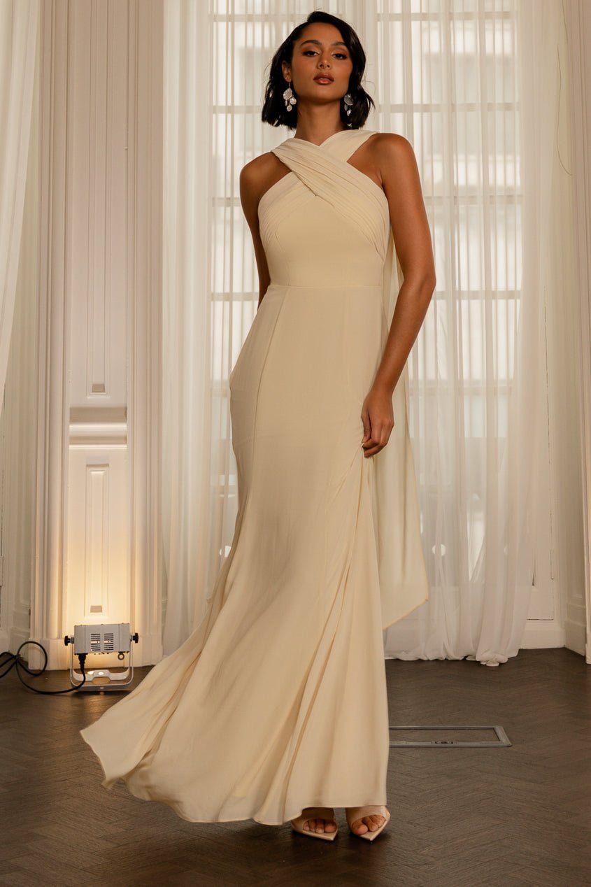 Goddiva Cross Front Scarf Back Chiffon Mermaid Maxi Dress – Butter Yellow