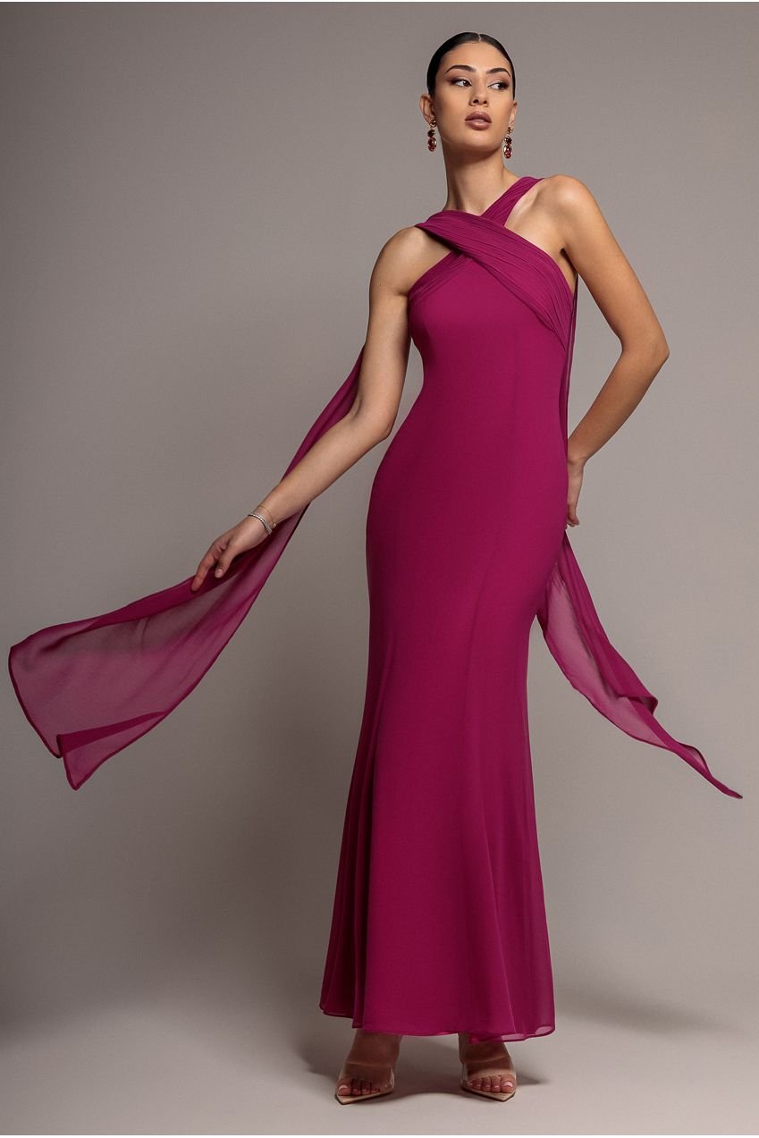 Goddiva Cross Front Scarf Back Chiffon Mermaid Maxi Dress – Magenta