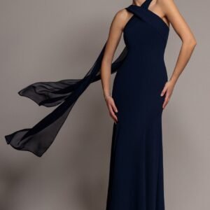 Goddiva Cross Front Scarf Back Chiffon Mermaid Maxi Dress - Navy Blue