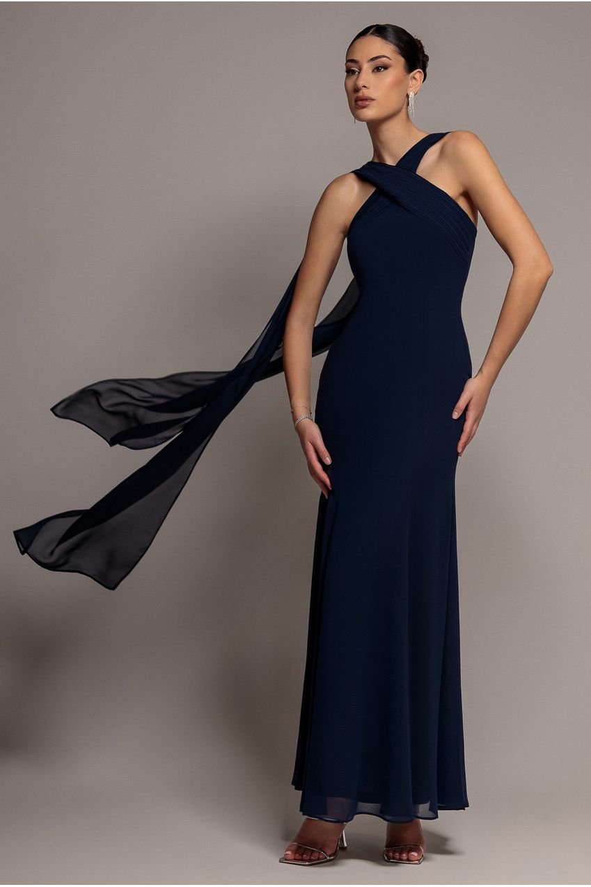 Goddiva Cross Front Scarf Back Chiffon Mermaid Maxi Dress – Navy Blue