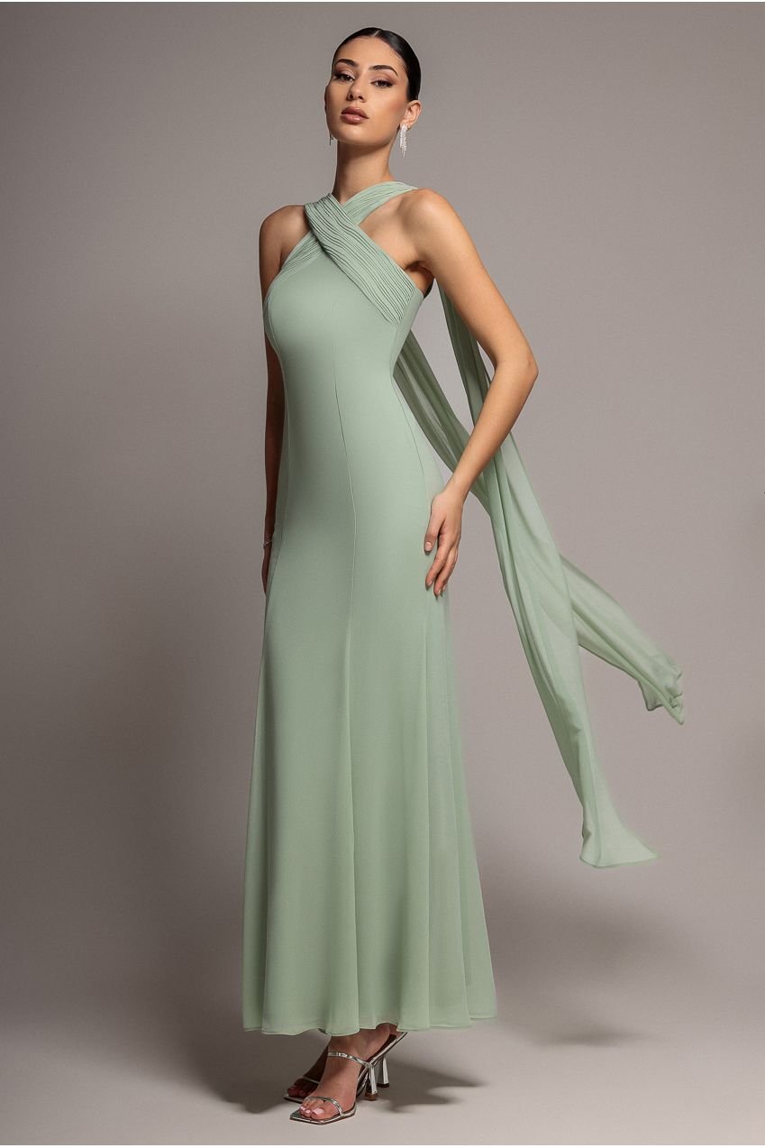 Goddiva Cross Front Scarf Back Chiffon Mermaid Maxi Dress – Sage Green