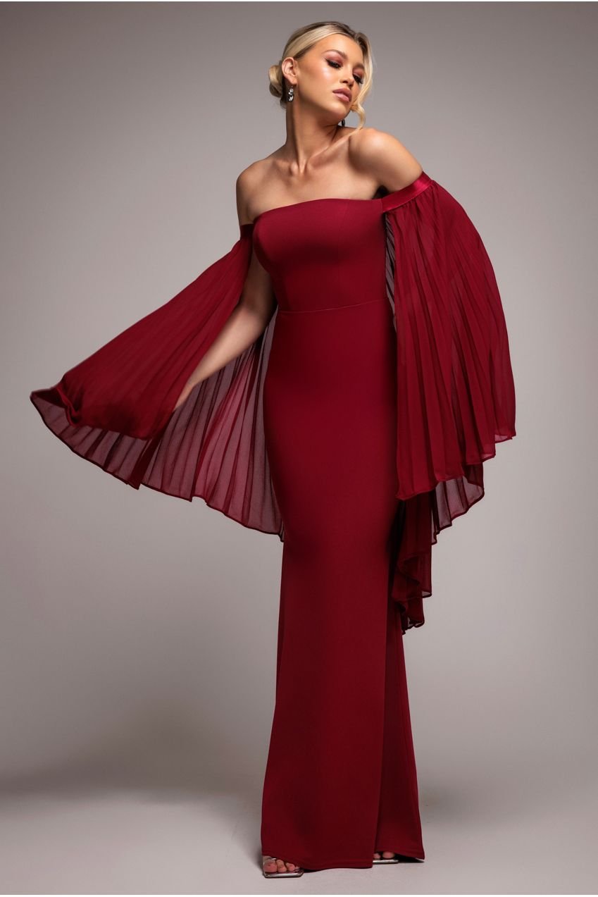 Goddiva Strapless Maxi Dress With Pleated Chiffon Cape – Burgundy