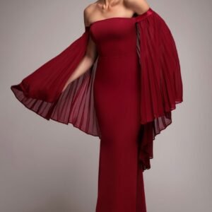 Goddiva Strapless Maxi Dress With Pleated Chiffon Cape - Burgundy