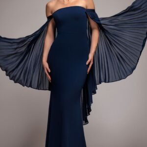 Goddiva Strapless Maxi Dress With Pleated Chiffon Cape - Navy Blue