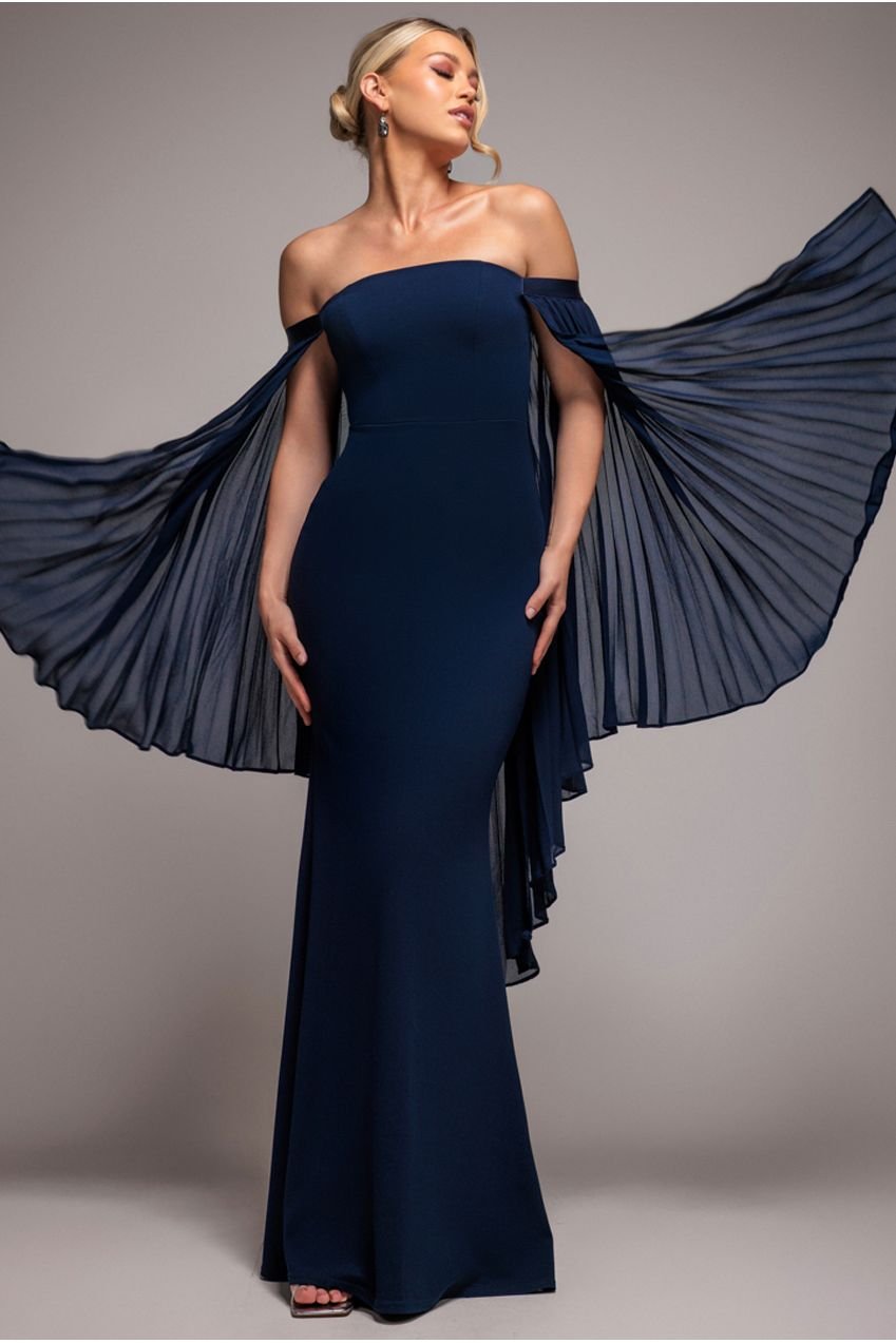 Goddiva Strapless Maxi Dress With Pleated Chiffon Cape – Navy Blue