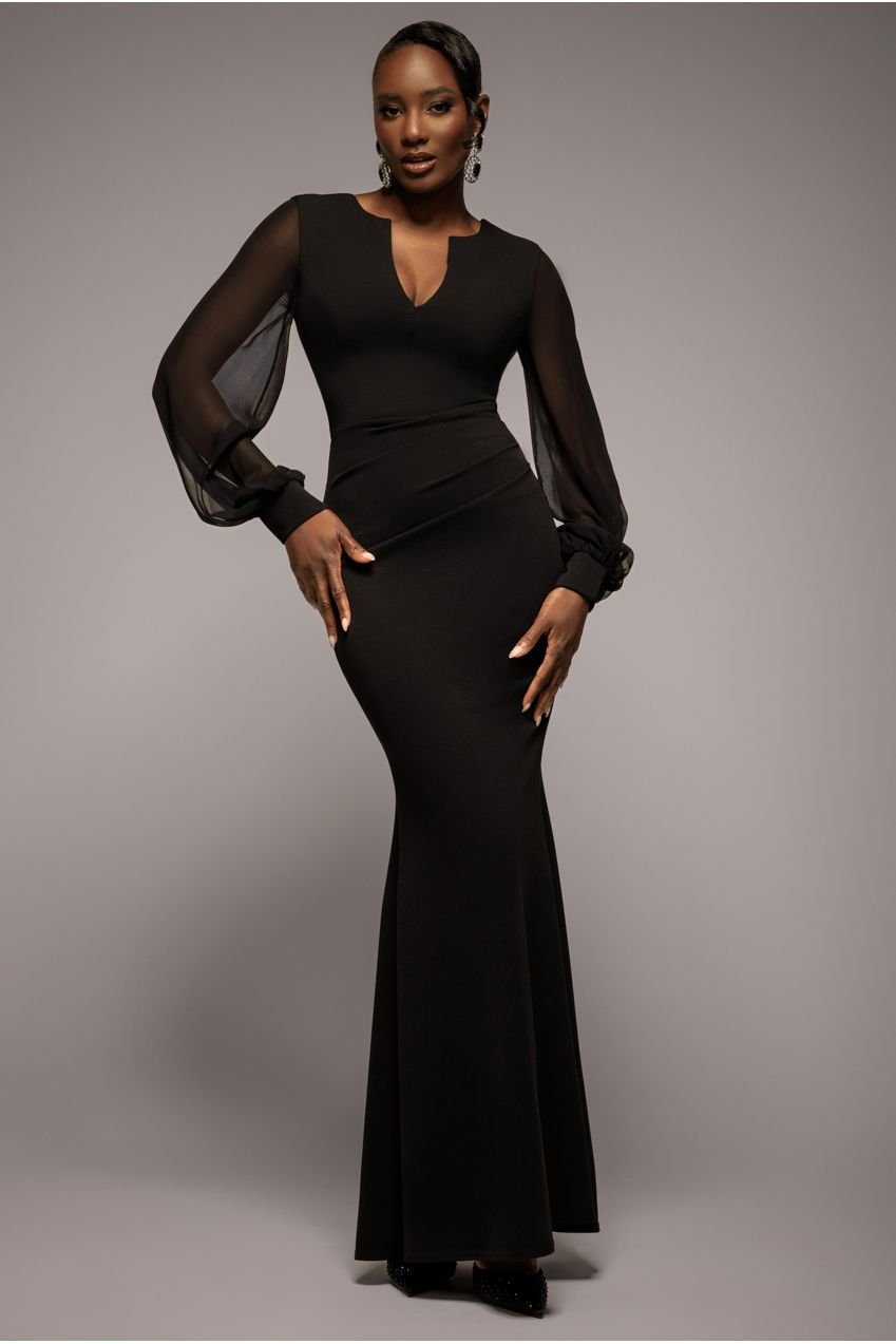 Goddiva Chiffon Cuffed Balloon Sleeve Scuba Maxi Dress – Black
