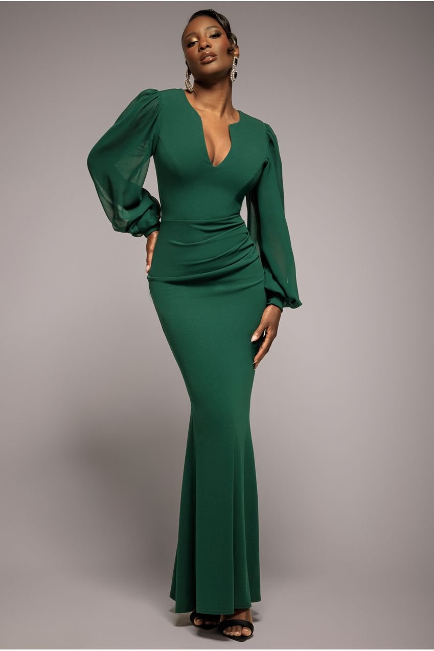 Goddiva Chiffon Cuffed Balloon Sleeve Scuba Maxi Dress – Emerald Green