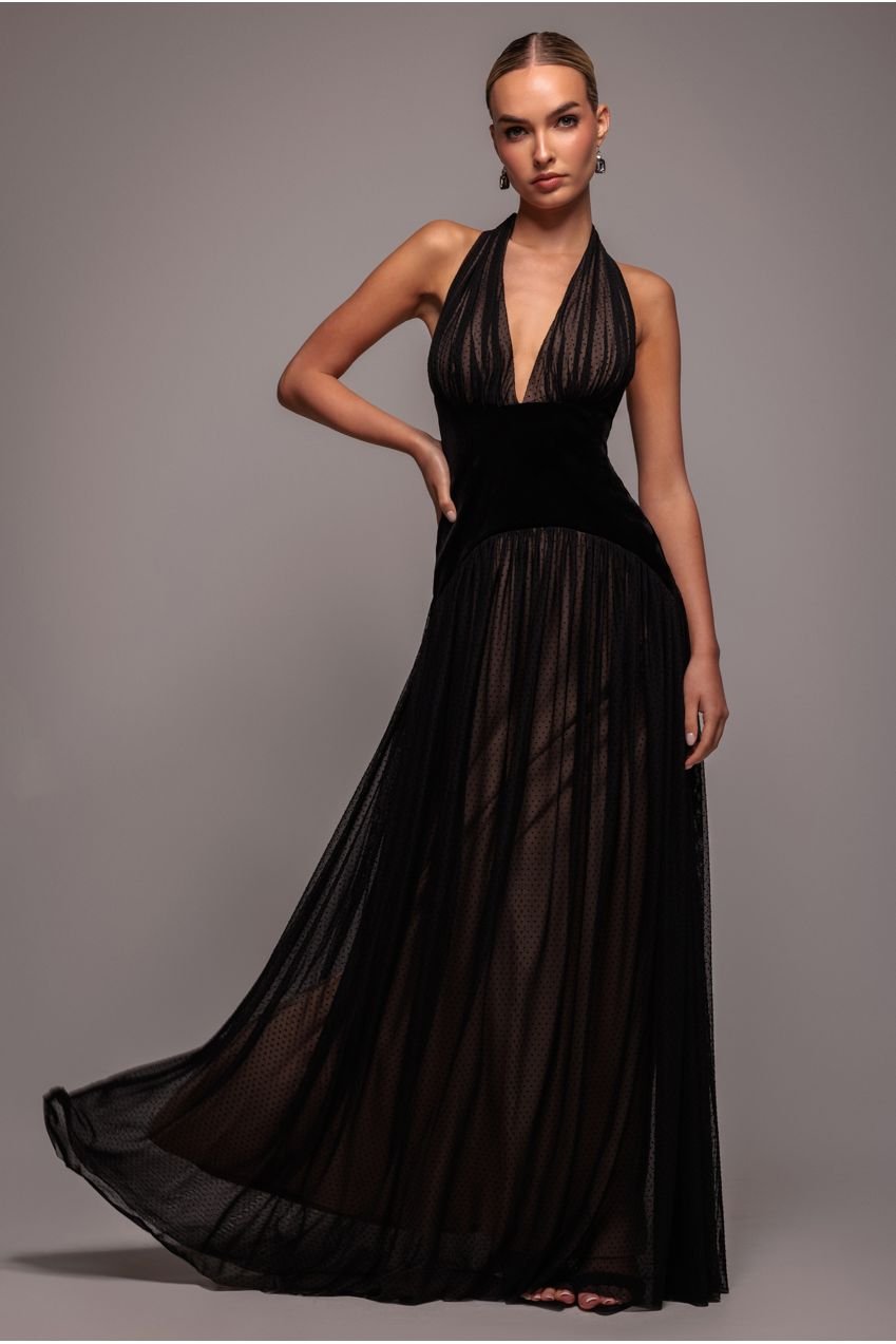 Goddiva Velvet And Dobby Mesh A Line Halter Maxi Dress – Black