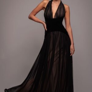 Goddiva Velvet And Dobby Mesh A Line Halter Maxi Dress - Black
