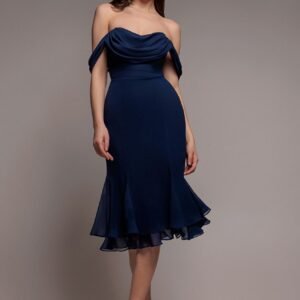 Goddiva Chiffon Cowl Off Shoulder Wing Tiered Midi Dress - Navy Blue