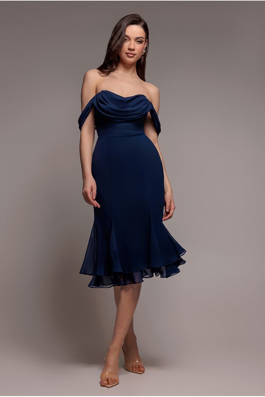 Goddiva Chiffon Cowl Off Shoulder Wing Tiered Midi Dress – Navy Blue