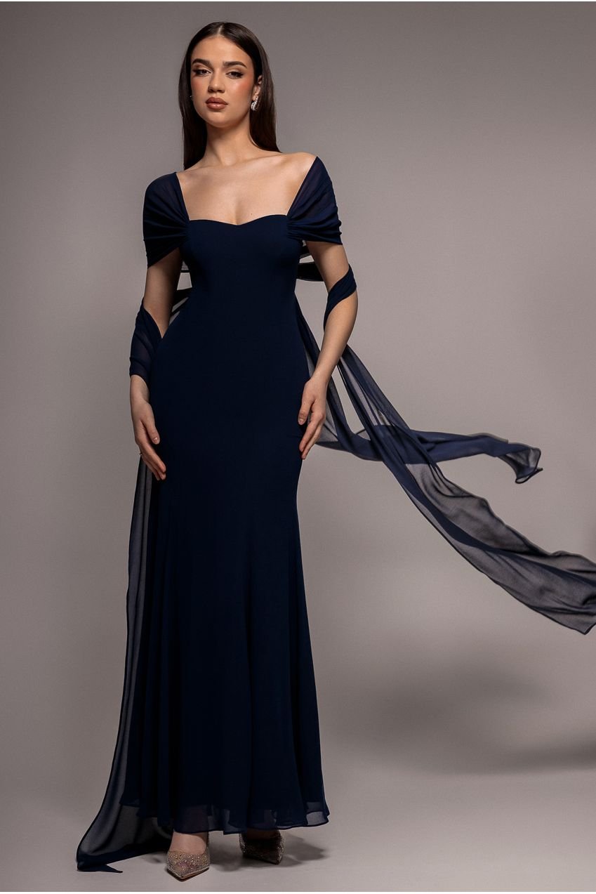 Goddiva Multiway Cape Chiffon Sweetheart Maxi Dress – Navy Blue