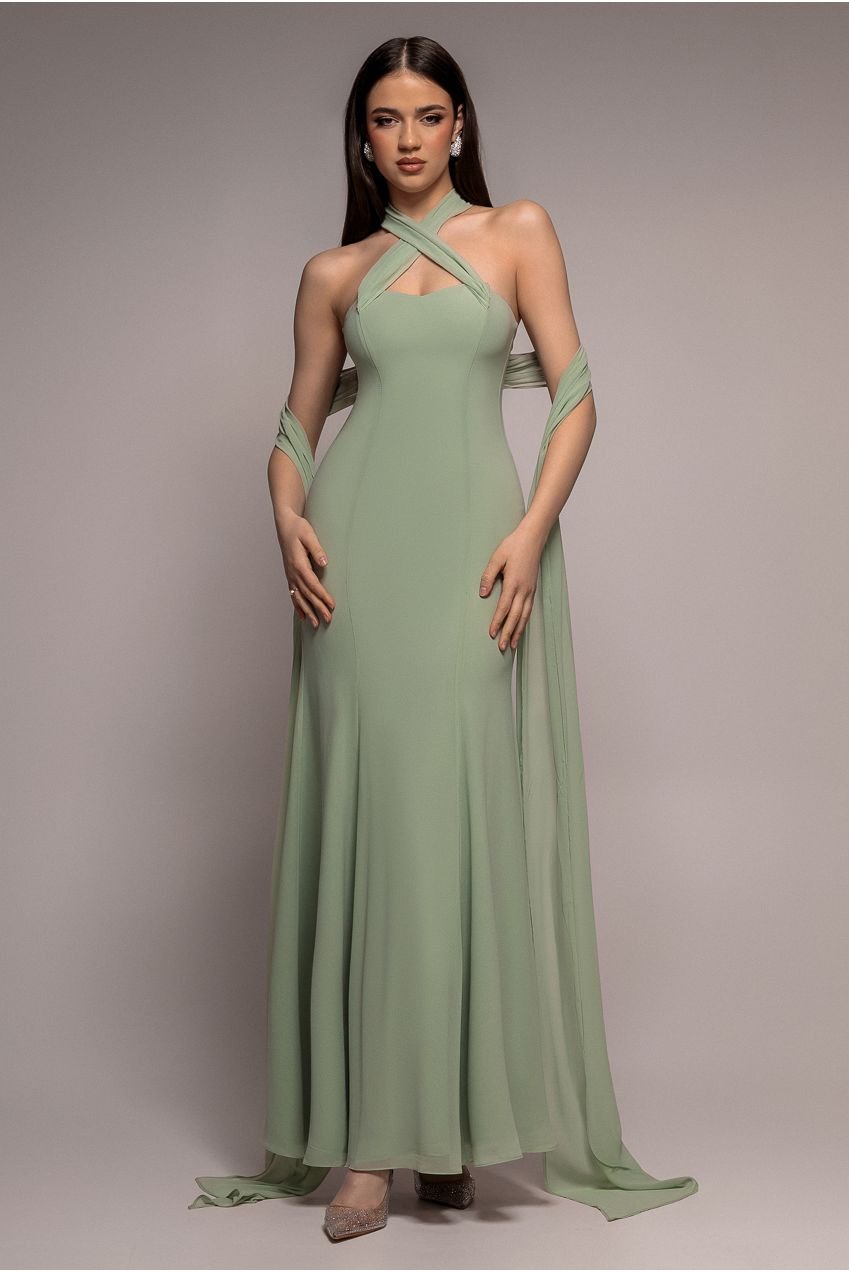 Goddiva Multiway Cape Chiffon Sweetheart Maxi Dress – Sage Green