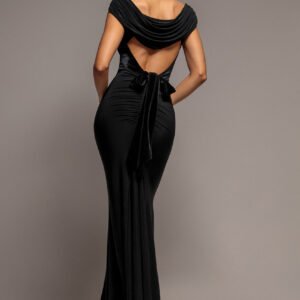 Goddiva Open Back Cowl Neck Gathered Maxi Dress With Velvet Tie Back - Black