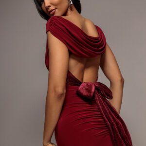 Goddiva Open Back Cowl Neck Gathered Maxi Dress With Velvet Tie Back - Wine