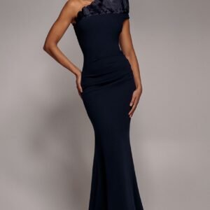 Goddiva One Shoulder Organza Frill Pleated Mermaid Maxi Dress - Navy Blue