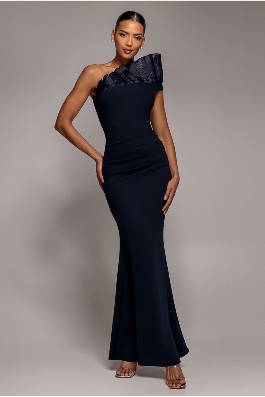 Goddiva One Shoulder Organza Frill Pleated Mermaid Maxi Dress – Navy Blue