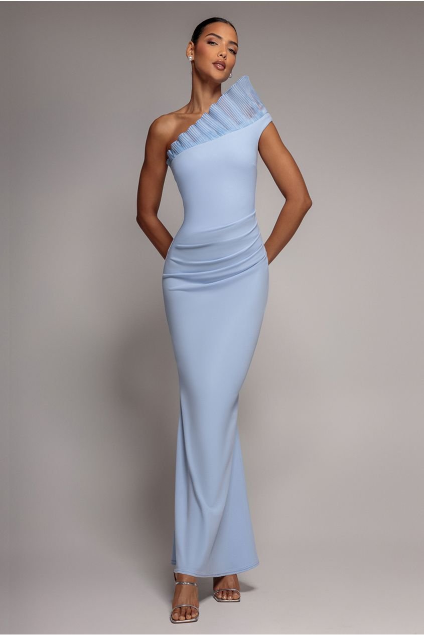 Goddiva One Shoulder Organza Frill Pleated Mermaid Maxi Dress – Powder Blue