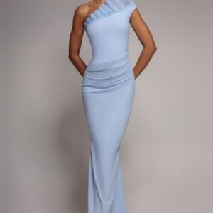 Goddiva One Shoulder Organza Frill Pleated Mermaid Maxi Dress - Powder Blue