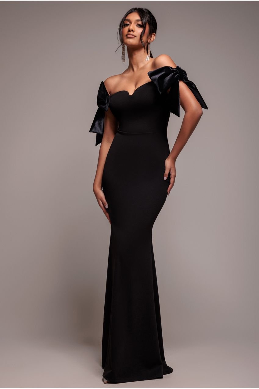 Goddiva Scuba Off The Shoulder Velvet Bow Maxi Dress – Black