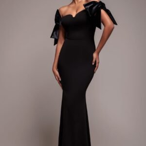 Goddiva Scuba Off The Shoulder Velvet Bow Maxi Dress - Black